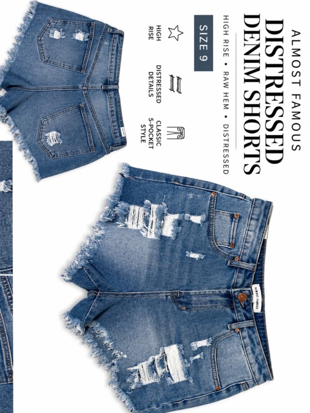 ✨Almost Famous Distressed Denim Shorts Size 9 – High Rise Raw Hem